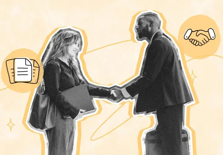 Un hombre y una mujer se dan la mano, simbolizando la contratación electrónica. Iconos de documentos y apretón de manos refuerzan el concepto.