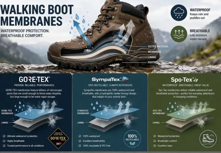Comparison of walking boot membranes: OutDry vs. Gore-Tex and SympaTex, highlighting waterproof and breathable features for outdoor adventures.
