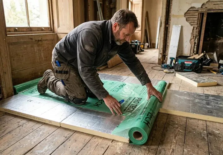 Man rullar ut grön ångspärr för att isolera golv ovanifrån i ett rum under renovering.