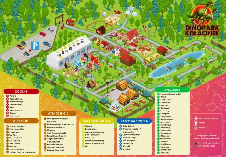 Mapa parku dinozaurów w Kołacinku. Znajdziesz tu parking, atrakcje, hale namiotowe i ścieżkę z dinozaurami.