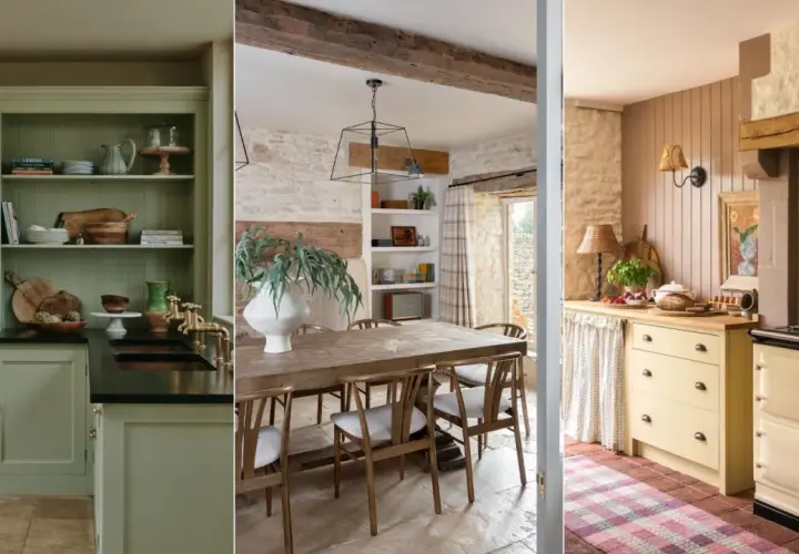 A triptych showcasing kitchens with a modern rustic aesthetic: sage green cabinetry with brass fixtures, a stone-walled dining area with a wooden table, and a cream-colored range with a checkered rug.