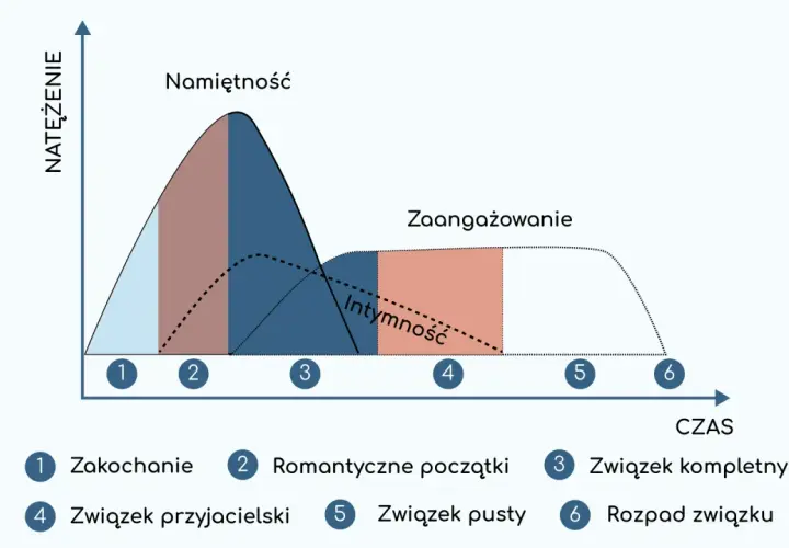 Wykres przedstawia fazy miłości: zakochanie, romantyczne początki, związek kompletny, związek przyjacielski, związek pusty i rozpad związku. Namiętność, intymność i zaangażowanie zmieniają się w czasie.