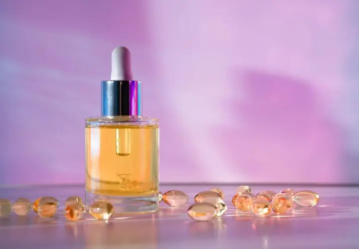 Szklana buteleczka z serum i kapsułki, które mogą zawierać retinol lub retinal, na tle fioletowo-różowego gradientu.