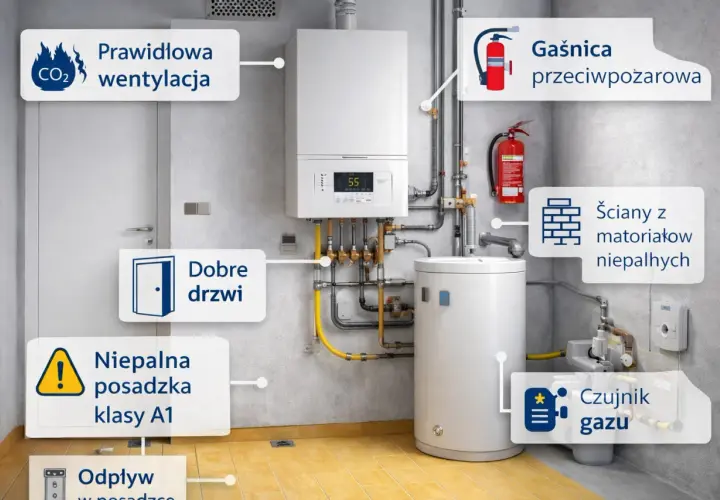 Kotłownia gazowa: prawidłowa wentylacja, dobre drzwi, gaśnica, niepalna posadzka, czujnik gazu, ściany z materiałów niepalnych. Minimalna kubatura kotłowni gazowej jest kluczowa dla bezpieczeństwa.