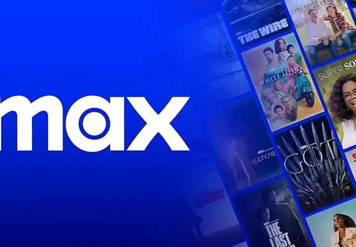 Logo "max" na niebieskim tle z kolażem okładek seriali i filmów.