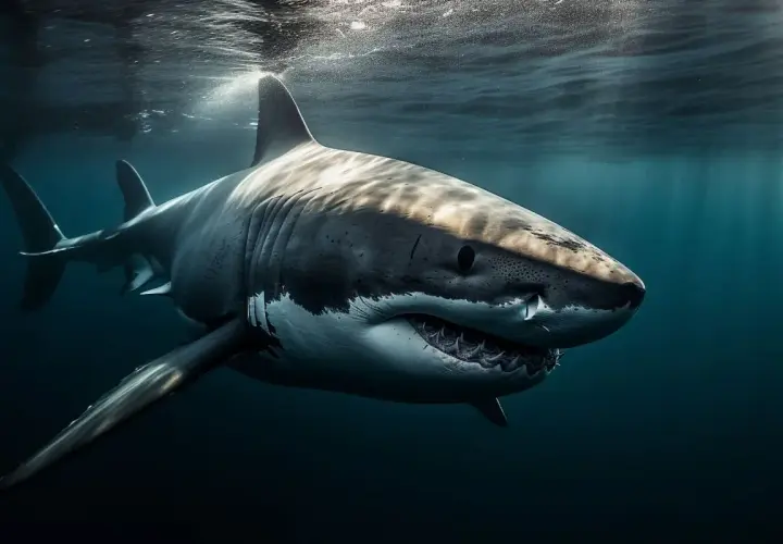 Un gran tiburón blanco nada en aguas oscuras. ¿Qué significa soñar con tiburones? Puede ser un símbolo de poder o de miedos ocultos.