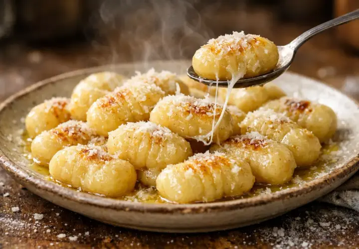 Gnocchi dorés et fumants, saupoudrés de parmesan, prêts à être dégustés. Une recette simple et gourmande.
