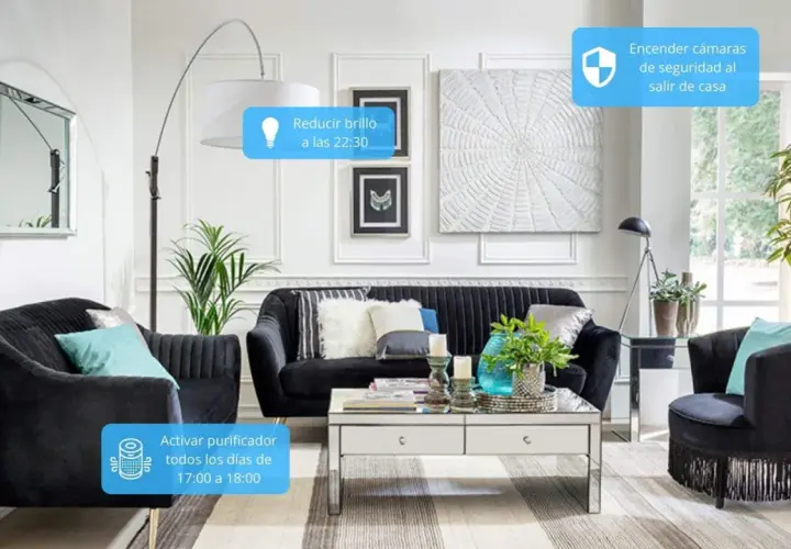 Sala moderna con sofás negros, mesa de centro y plantas. Se destacan las ventajas de la domótica: luces, purificador y cámaras de seguridad automatizadas.