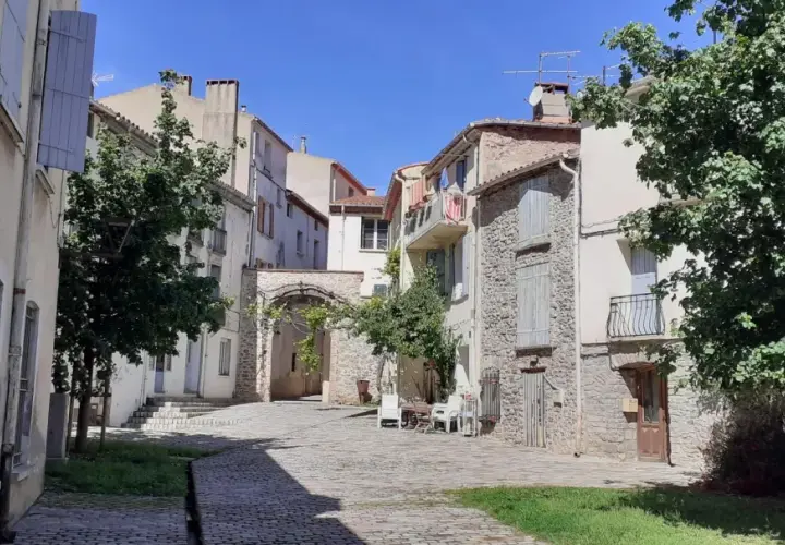 Calle adoquinada en Arles-sur-Tech, con casas de piedra y fachadas blancas, un arco de piedra y árboles frondosos bajo un cielo azul.