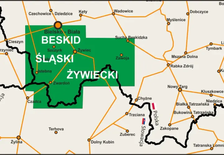 Mapa turystyczna z zaznaczonym obszarem Beskid Śląsko-Morawski, obejmującym m.in. Żywiec i Szczyrk.