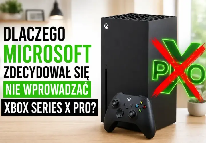 Czarna konsola Xbox Series X i kontroler na drewnianym stole. Napis "DLACZEGO MICROSOFT ZDECYDOWAŁ SIĘ NIE WPROWADZAĆ XBOX SERIES X PRO?" z przekreślonym neonowym napisem "PRO".