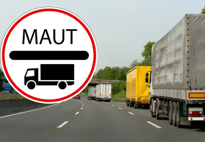 Znak MAUT informuje o opłatach drogowych w Niemczech dla pojazdów do 7,5 tony. Na autostradzie widać sznur ciężarówek.
