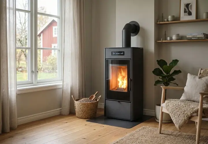 En modern pelletskamin med flammor som lyser upp rummet. Bredvid står en korg fylld med pellets, redo för en mysig kväll. Tänk på pelletskamin pris för en varm och effektiv uppvärmning.