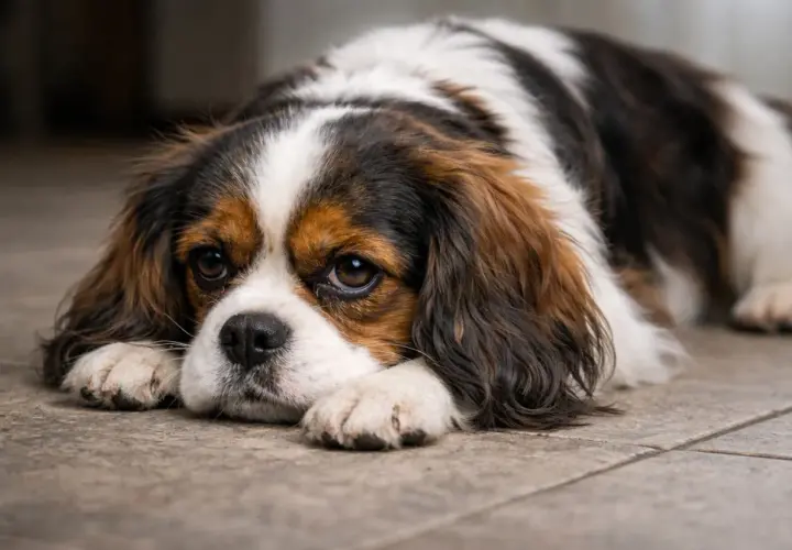 Smutny piesek Cavalier King Charles Spaniel leży na podłodze. Jego oczy wydają się wilgotne, co może być jednym z objawów włosogłówki.