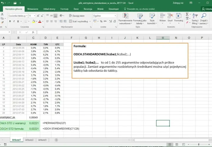 W Excelu formuła ODCH.STANDARDOWE oblicza odchylenie standardowe dla danych z kolumny C.