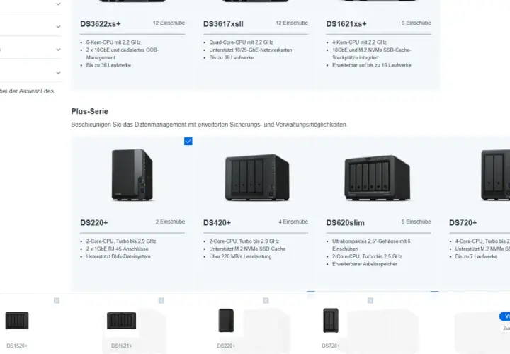 NAS-Hersteller-Übersicht: Mehrere NAS-Geräte wie DS220+, DS420+ und DS720+ werden gezeigt.
