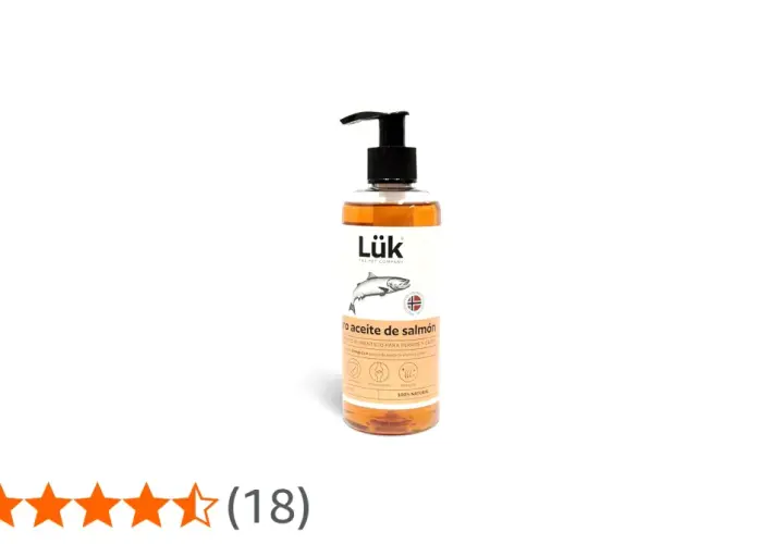 Botella de aceite de salmón Lük para perros y gatos. Ideal para la dosis diaria de Omega 3 y 6, cuidando pelo y articulaciones.