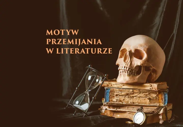 Czas płynie nieubłaganie, jak piasek w klepsydrze. Czaszka na stosie starych ksiąg i kieszonkowy zegarek symbolizują motyw przemijania w literaturze.