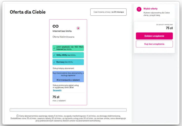 T-Mobile oferta dla stałych klientów: nielimitowany internet, SMS, MMS i rozmowy za 75 zł miesięcznie. Umowa na 24 miesiące.