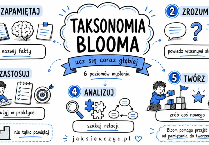 Ilustracja przedstawia taksonomię Blooma, sześć poziomów myślenia: zapamiętaj, zrozum, zastosuj, analizuj, twórz.