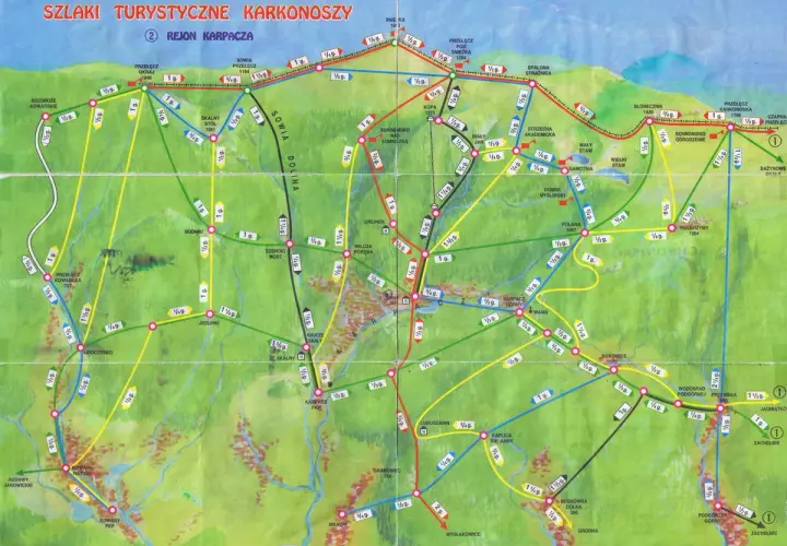 Mapa szlaków turystycznych Karkonoszy, region Karpacza. Znajdziesz tu szlaki prowadzące do Śnieżki, Słonecznika i innych malowniczych miejsc.