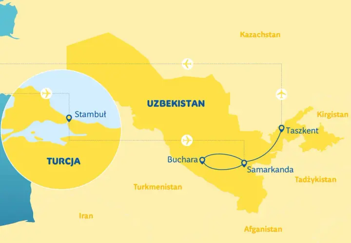 Mapa pokazuje trasę podróży z Turcji do Uzbekistanu, z zaznaczonymi miastami: Stambuł, Taszkent, Samarkanda i Buchara. To świetny plan, co zobaczyć w Uzbekistanie!
