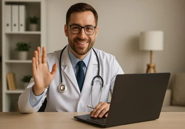 Lekarz w białym kitlu wita pacjenta podczas teleporady. Uśmiecha się, machając ręką, a przed nim leży laptop.
