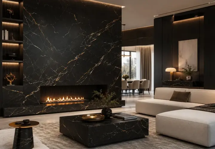 Elegante soggiorno con camino in marmo nero e oro, tavolino coordinato e divano chiaro. L'arredamento è moderno e sofisticato.