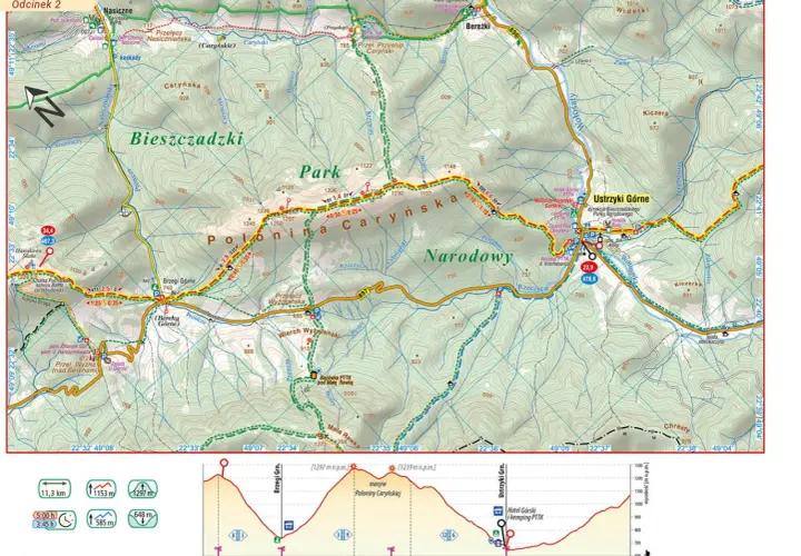 Mapa szlaku GSB: Bieszczady, Połonina Caryńska, Ustrzyki Górne. Etapy i profile wysokościowe.