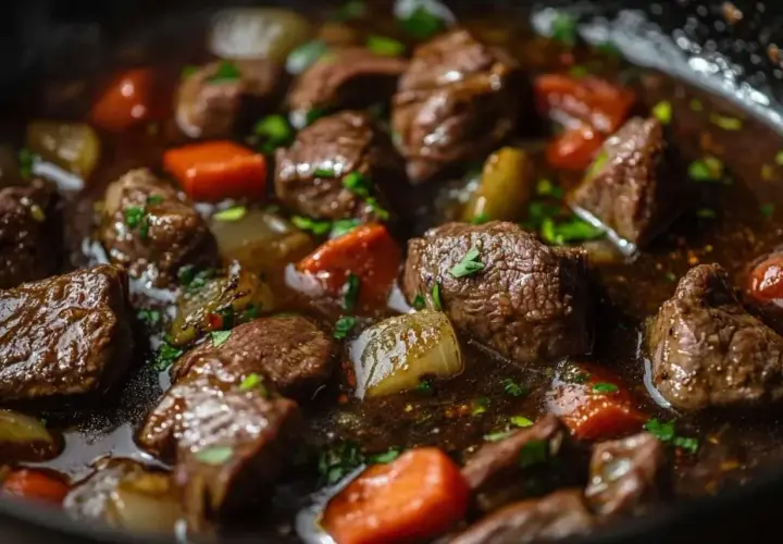 Gros morceaux de bœuf mijotant dans une sauce riche avec des carottes et des oignons. Un plat de boeuf bourguignon réconfortant et savoureux.