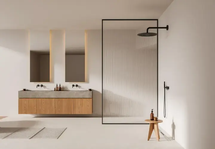 Salle de bain moderne avec double vasque et douche à l'italienne. L'ambiance est épurée, invitant à installer une douche à l'italienne.
