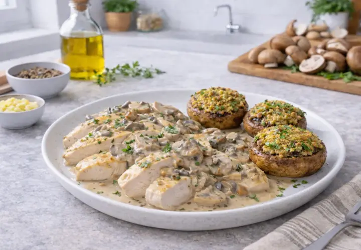 Délicieuse recette filet de poulet en sauce crémeuse aux champignons, accompagnée de champignons farcis.