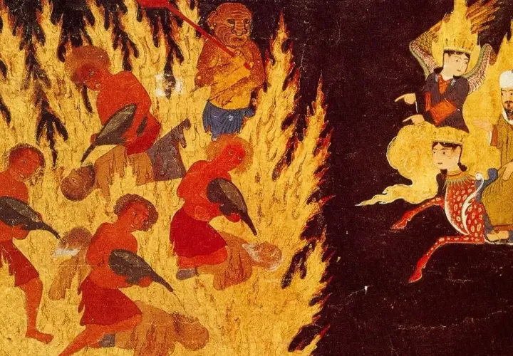 Människor plågas i flammor av demoner. Till höger sitter änglar och en man i en mörk scen, en skildring av muslimsk helveteseld.