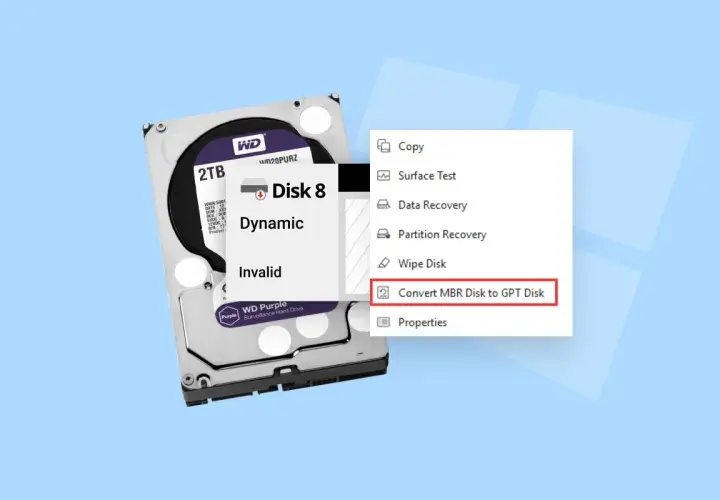 Jak zainicjować dysk SSD? Kliknij prawym przyciskiem myszy na dysk, wybierz "Konwertuj dysk MBR na dysk GPT".