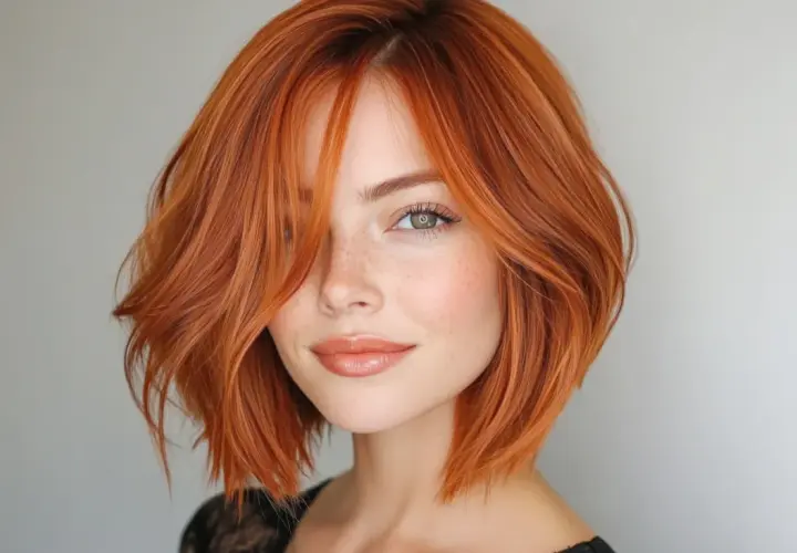 Mujer con cabello pelirrojo y corte wolf cut, pecas y labios brillantes.