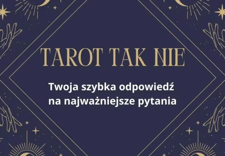 Tarot tak nie: szybka odpowiedź na Twoje pytania. Mistyczne dłonie i gwiazdy otaczają tekst.