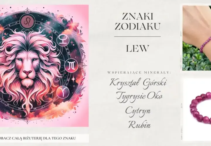 Lew znak zodiaku charakterystyka: majestatyczny lew w otoczeniu symboli zodiaku, wspierające minerały: Kryształ Górski, Tygrysie Oko, Cytryn, Rubin.