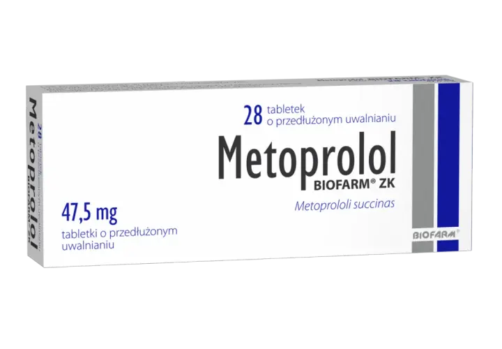 Opakowanie leku Metoprolol 47,5 mg, zawierające 28 tabletek o przedłużonym uwalnianiu.