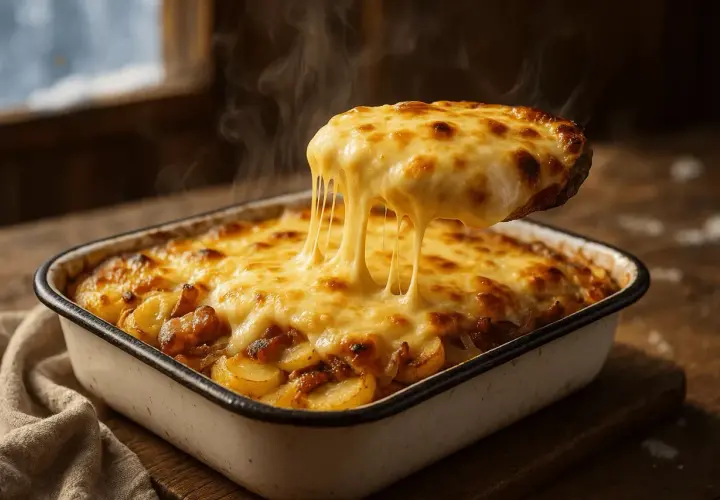 Une portion de vrai tartiflette fumante, avec son fromage fondant qui s'étire. Un plat réconfortant et gourmand.