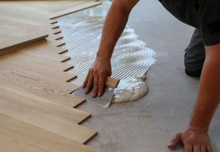 Mano stende colla per parquet incollato. Listelli di legno pronti per essere posati.