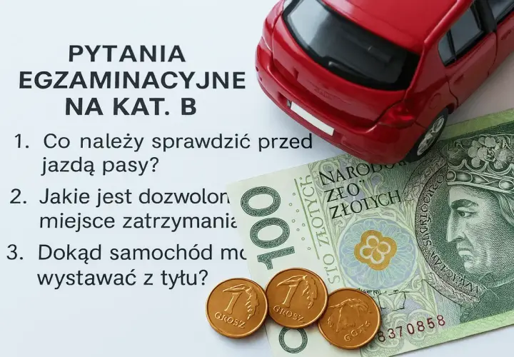 Pytania egzaminacyjne na kat. B, czerwony samochodzik, banknot 100 zł i grosze.