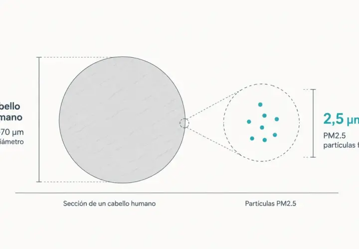 Comparación: un cabello humano (50-70 μm) y partículas PM2.5 (2,5 μm). Las partículas finas PM2.5 son diminutas.