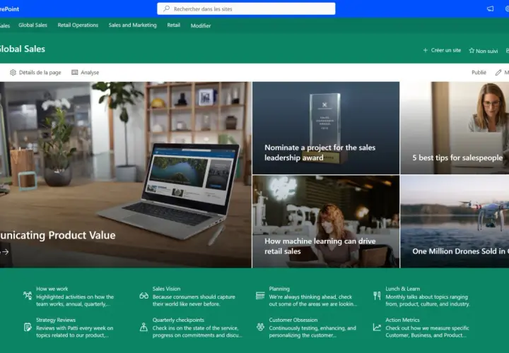 Page d'accueil SharePoint "Global Sales" avec des articles sur la communication de la valeur produit, le leadership commercial et les ventes.