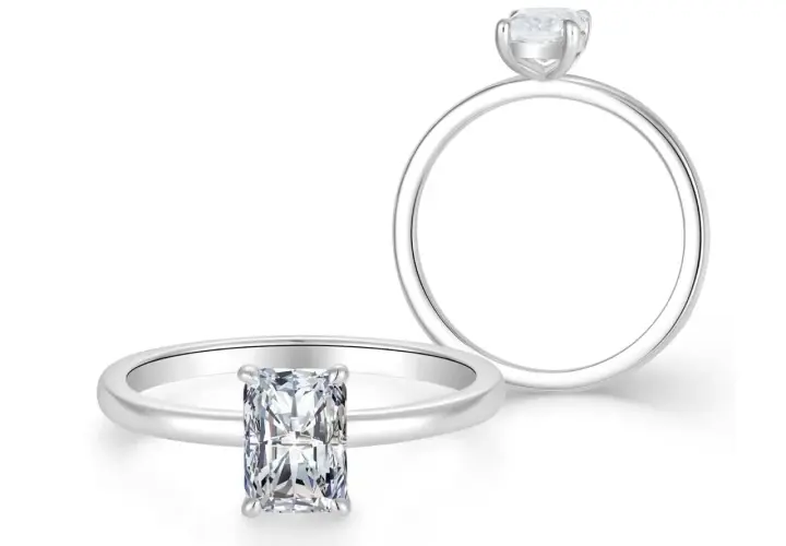 Zwei Ringe mit Diamanten: ein Ring mit einem rechteckigen Diamanten, der die Frage "wie viel ist 1 karat diamant wert" aufwirft, und ein weiterer Ring mit einem runden Diamanten.