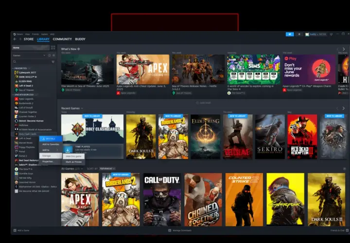 Zrzut ekranu z biblioteką gier Steam, z widocznym menu kontekstowym z opcją "Ukryj tę grę".