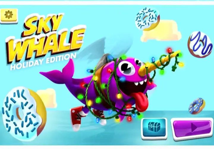 Gra "Sky Whale: Holiday Edition" z serii Game Shakers. Jak wydać grę? Wesoły fioletowy wieloryb w świątecznych lampkach i pączkach.