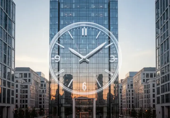 Moderne Gebäude mit einer großen Uhr, die auf den xtrackers ii eur overnight rate swap ucits etf hinweist.