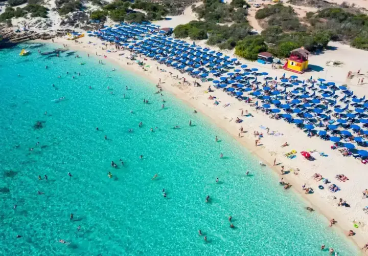 Słoneczny dzień na plaży Makronissos. Turkusowa woda, biały piasek, rzędy niebieskich parasoli i mnóstwo plażowiczów cieszących się słońcem i kąpielą.