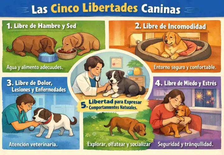 Ilustración sobre las cinco libertades caninas: perros comiendo, durmiendo en cama cómoda, recibiendo atención veterinaria, jugando y siendo abrazados. Datos curiosos de perros.