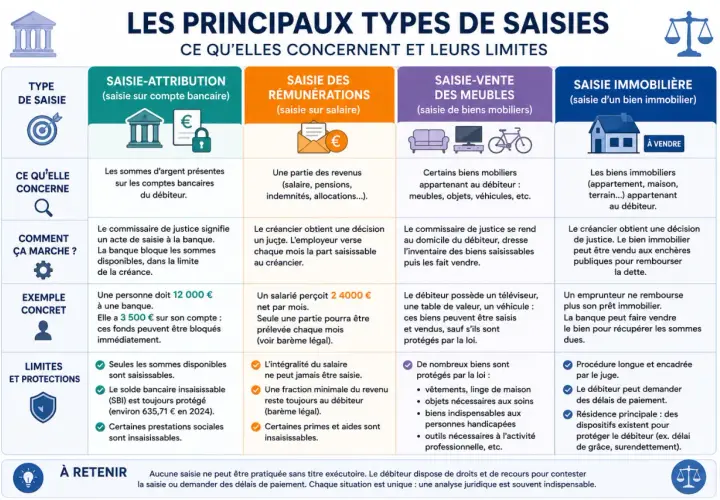Infographie comparant les types de saisies : attribution, rémunérations, meubles, immobilier. Elle explique la différence entre huissier et société de recouvrement.